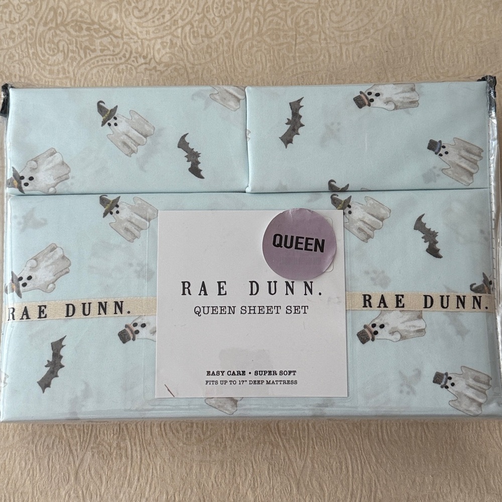NEW Rae Dunn Blue Witch Ghosts Boo Bats Halloween Queen Sheet Set